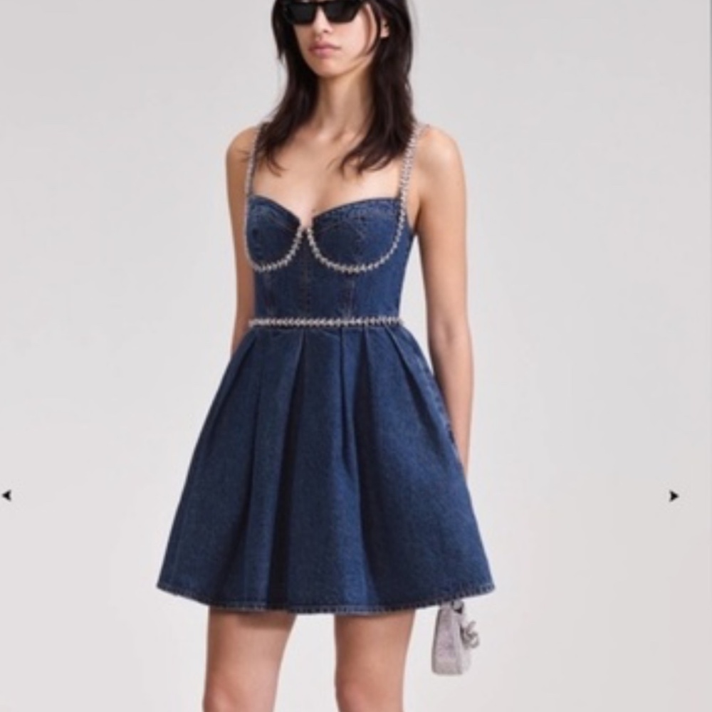 Self Portrait denim and diamanté detail mini dress